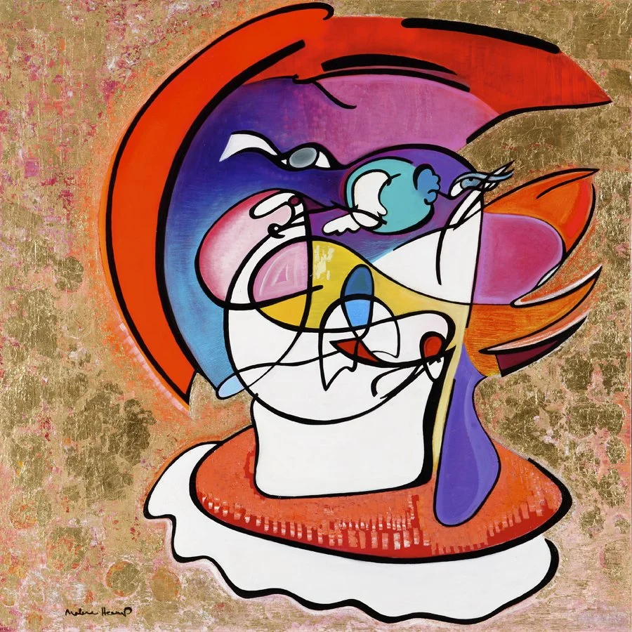 Abstract colorful painting resembling a cartoonish face with exaggerated features and vibrant hues of red, purple, blue, pink, yellow, and white.