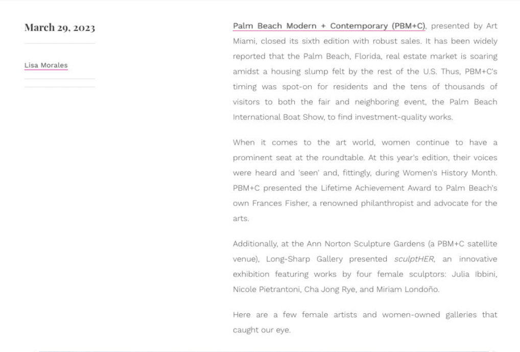 Screenshot of a written article dated March 29, 2023, discussing Palm Beach Modern + Contemporary art event, awards, and sculptures by female artists.