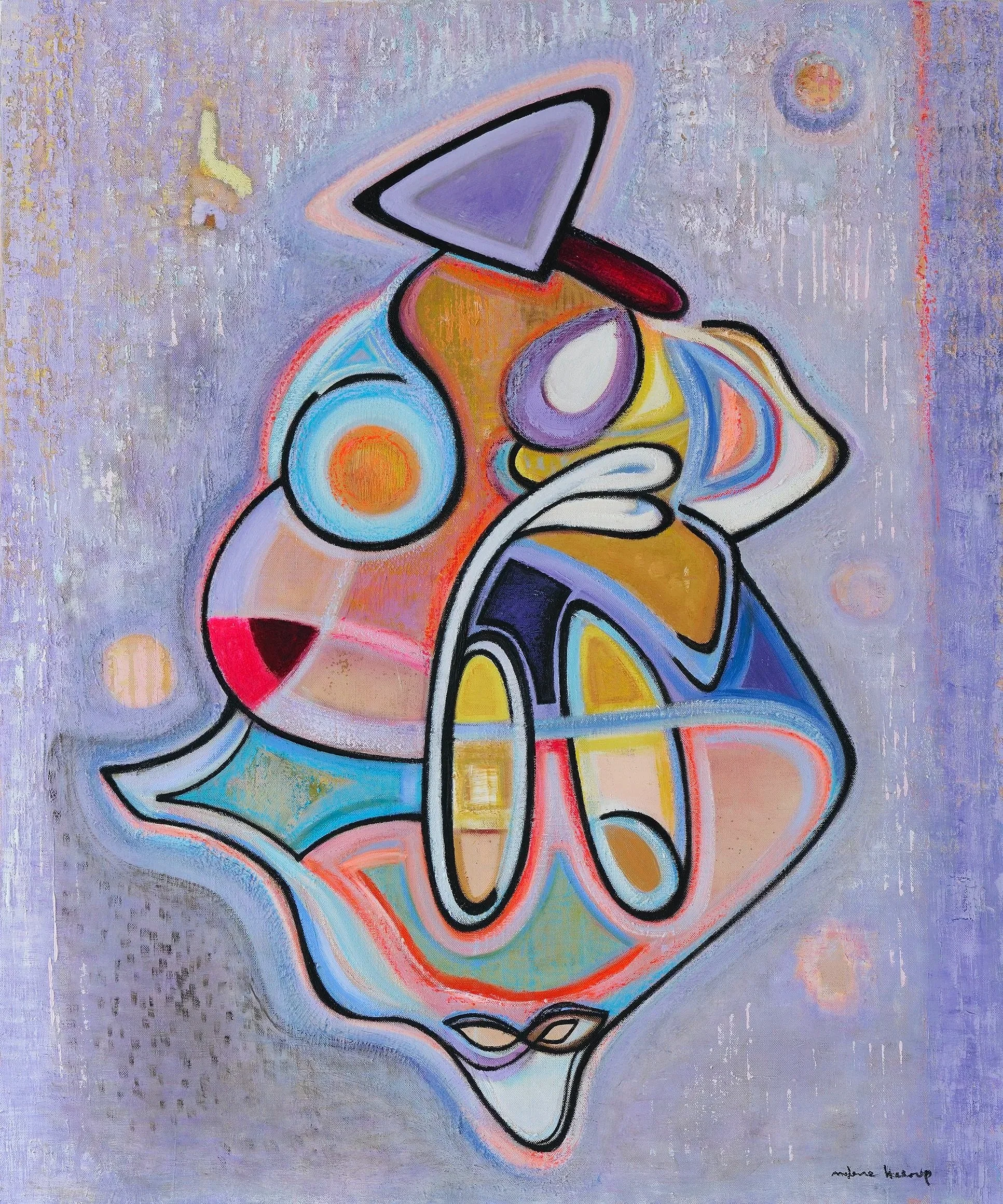 Abstract colorful painting with various shapes and lines, featuring pastel purple, pink, blue, yellow, and orange hues on a textured lavender background.