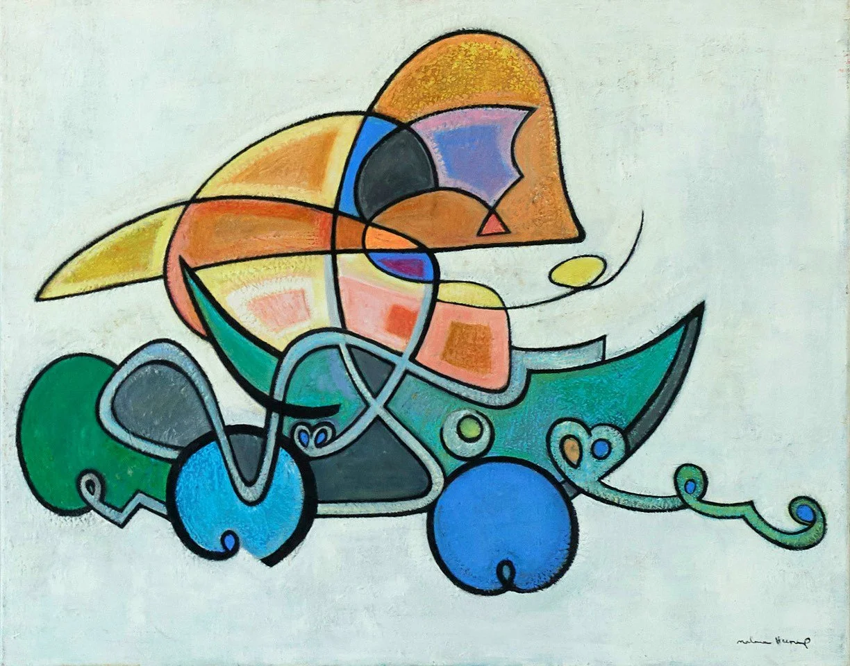 Abstract colorful art with geometric shapes and curving lines on a white background.