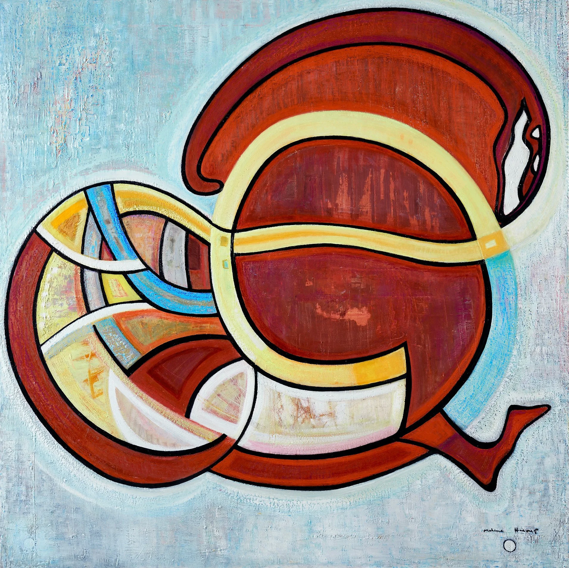 Abstract painting with geometric shapes and bold lines in red, yellow, blue, and black on a light background.