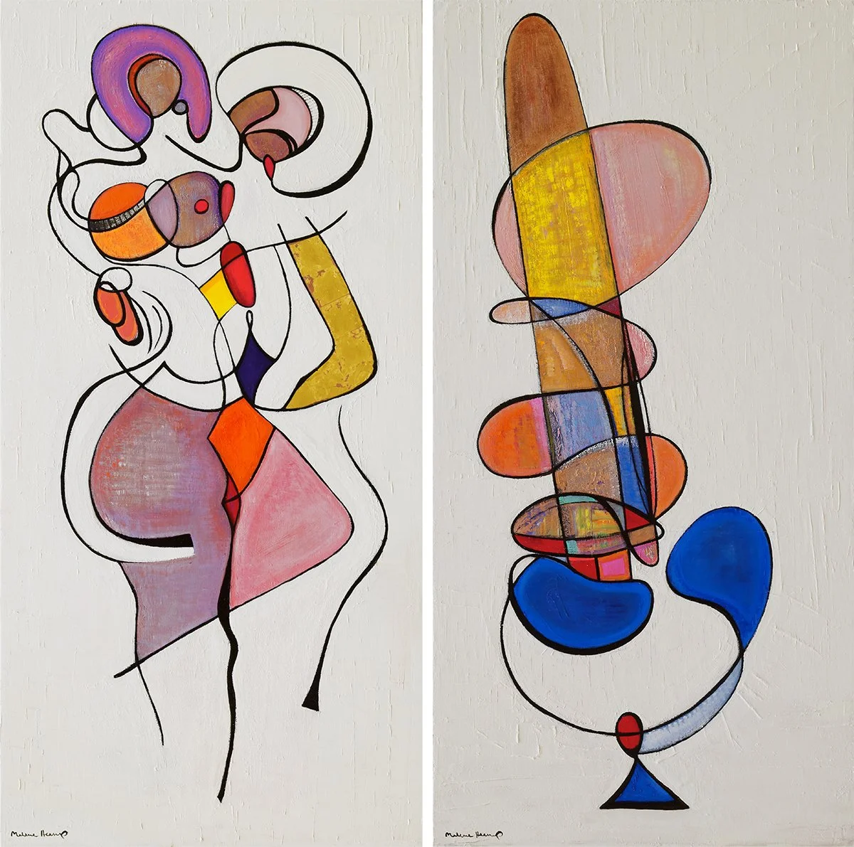 Abstract colorful diptych artwork with flowing lines and shapes. The left panel features a face outline with colorful shapes, black lines, and some red accents. The right panel displays an arrangement of overlapping geometric shapes in warm and cool colors.