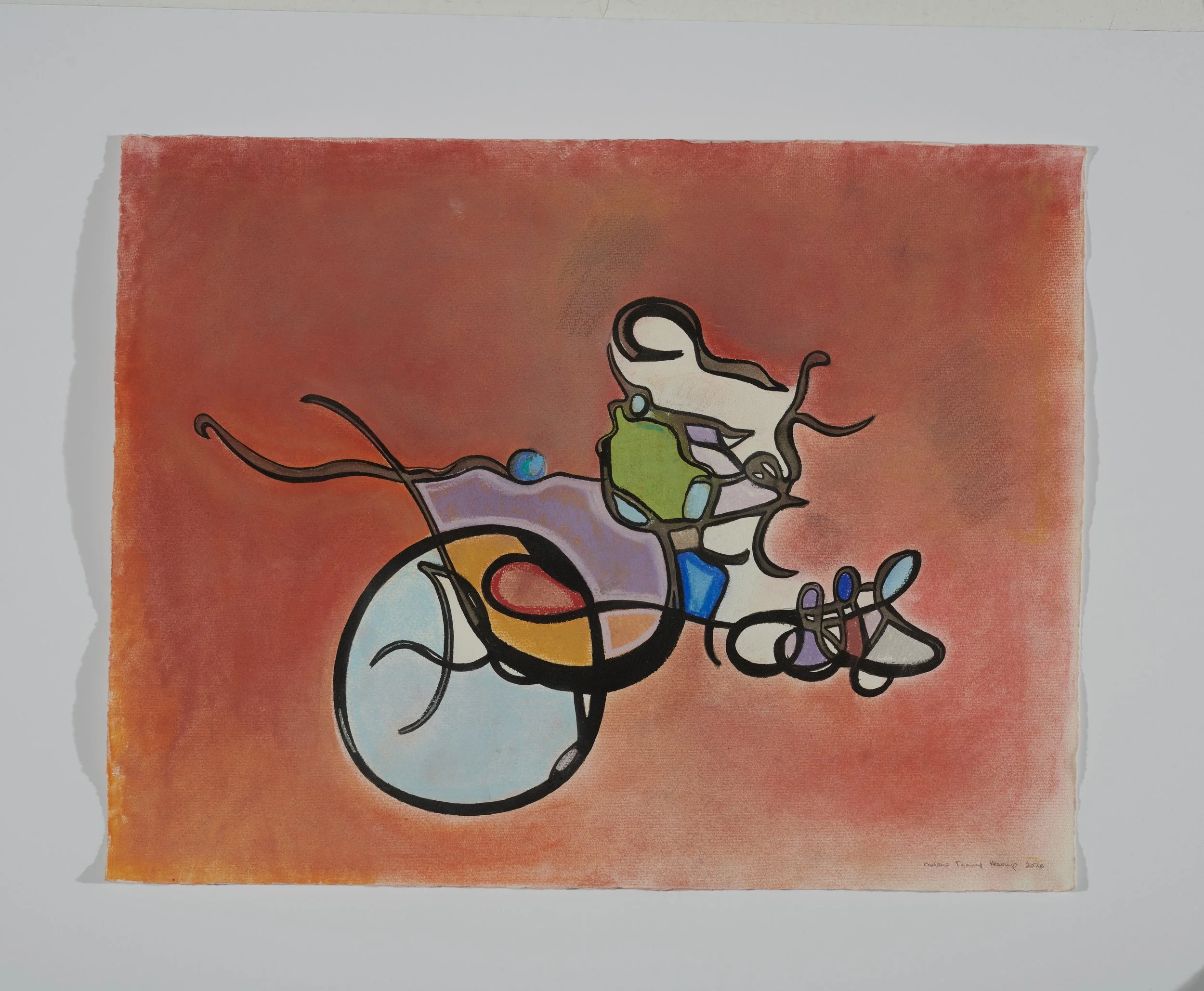 Abstract painting featuring colorful, loosely sketched shapes on a reddish background.