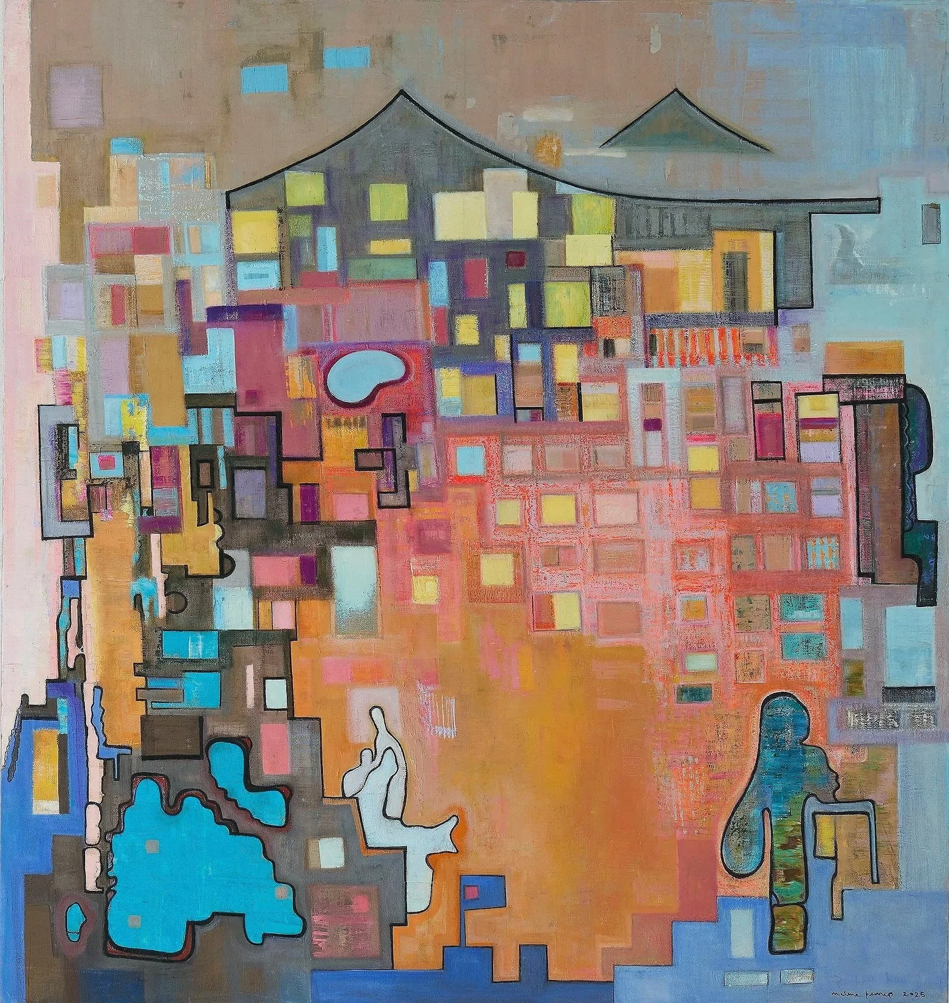 Abstract painting featuring geometric shapes, buildings, and structures in vibrant colors like yellow, blue, red, pink, and black.