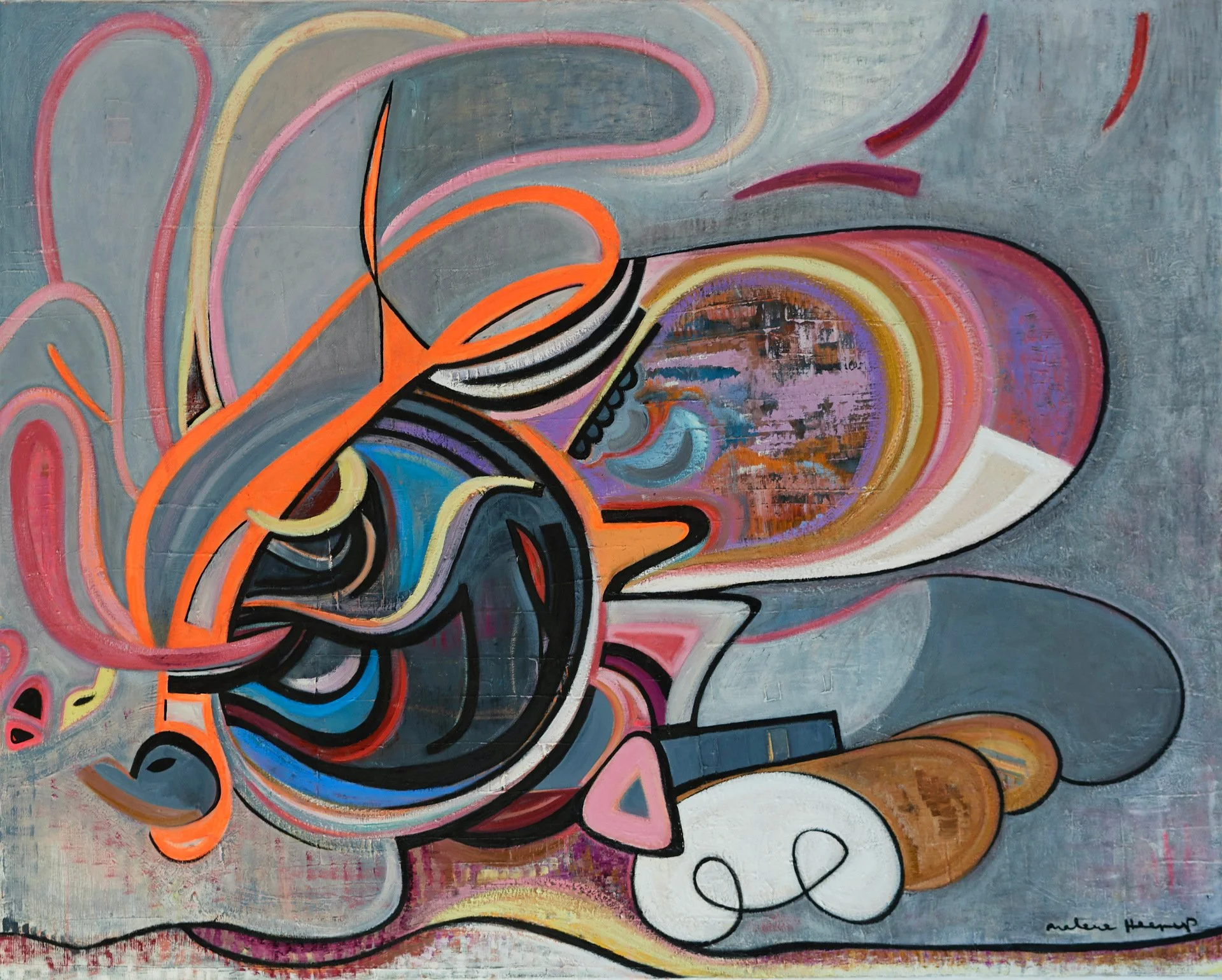 Abstract colorful painting with swirling lines and shapes, featuring orange, pink, black, purple, blue, gray, and white tones.