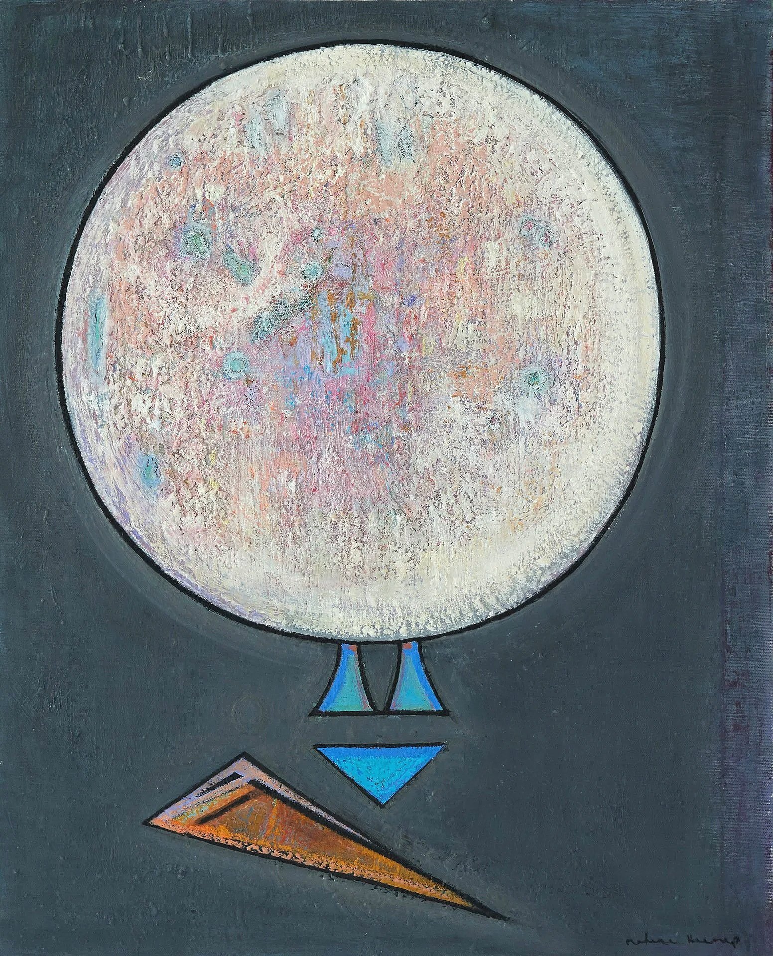 An abstract painting featuring a large, textured white circle with pastel accents on a dark background. There are geometric shapes beneath the circle, including blue triangles and an orange triangle, arranged in an abstract composition.