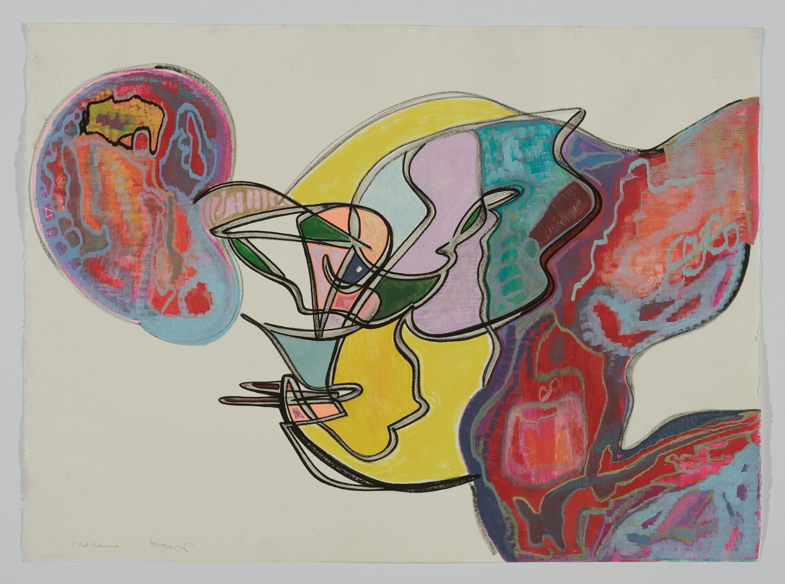 Abstract colorful artwork with overlapping shapes and lines on a white background, including a face profile and various organic forms.