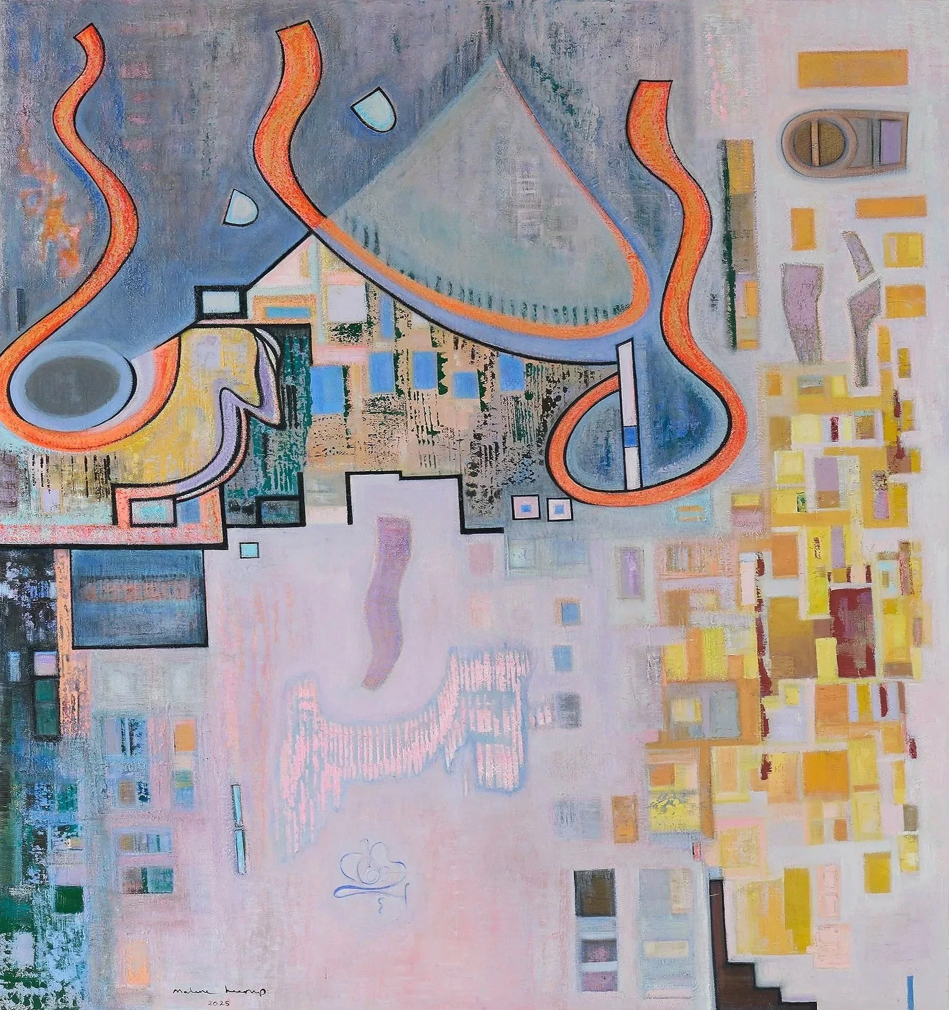 Abstract painting with geometric shapes, wavy lines, and blocks of color in shades of blue, orange, yellow, and pink.