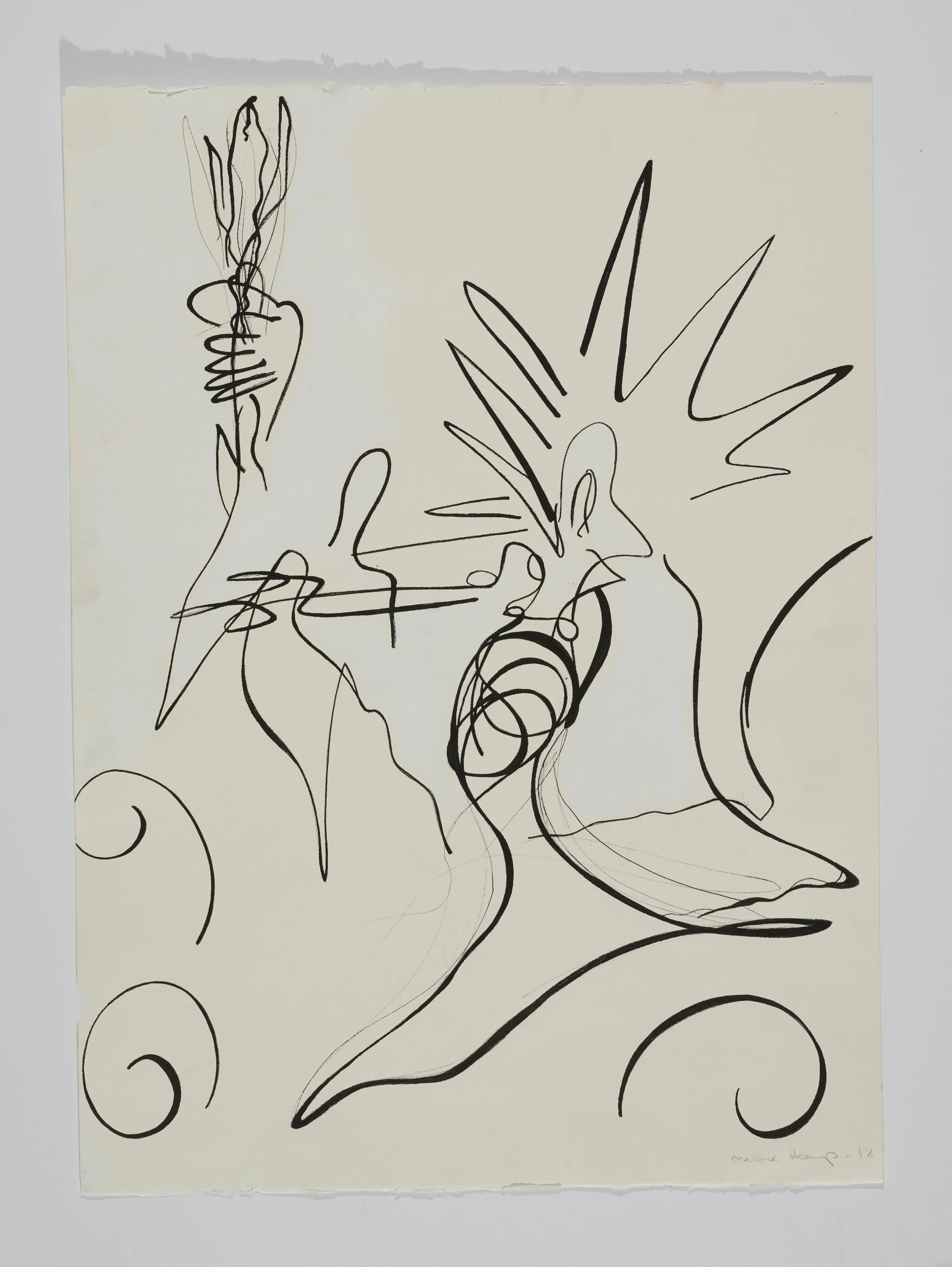 Abstract black line drawing of a person with spiky hair, holding a flame or torch, with swirling and curved lines surrounding. Minimalist and expressive art style.