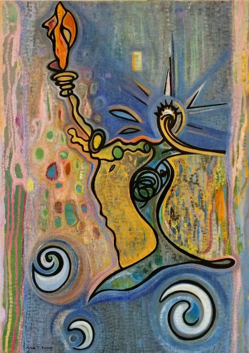 Abstract painting featuring a stylized human figure holding a torch, with swirling patterns, colorful background, and sun and wave motifs.