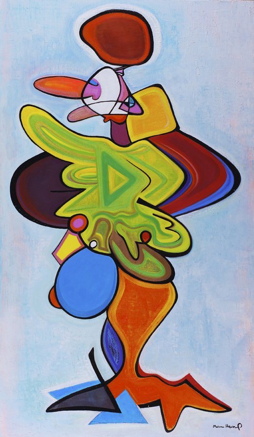 Abstract colorful painting with various shapes, including a blue circle, orange and yellow forms, and black outlines on a light background.