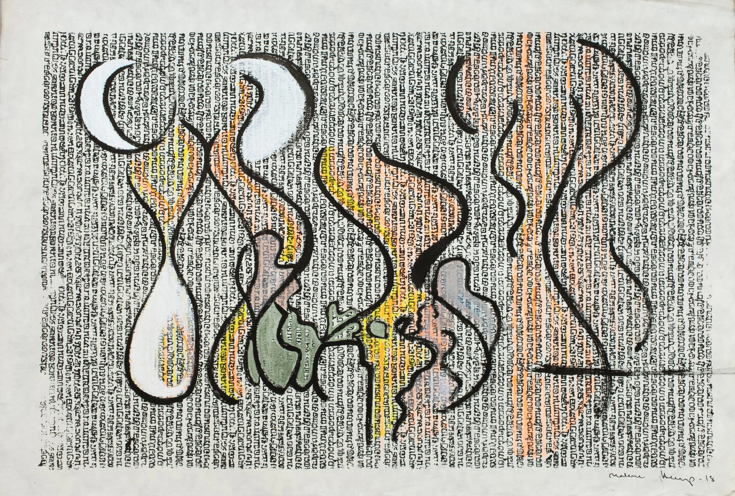 Collage of colored painted silhouettes of women with abstract facial features, overlaid on a background of densely packed printed text.