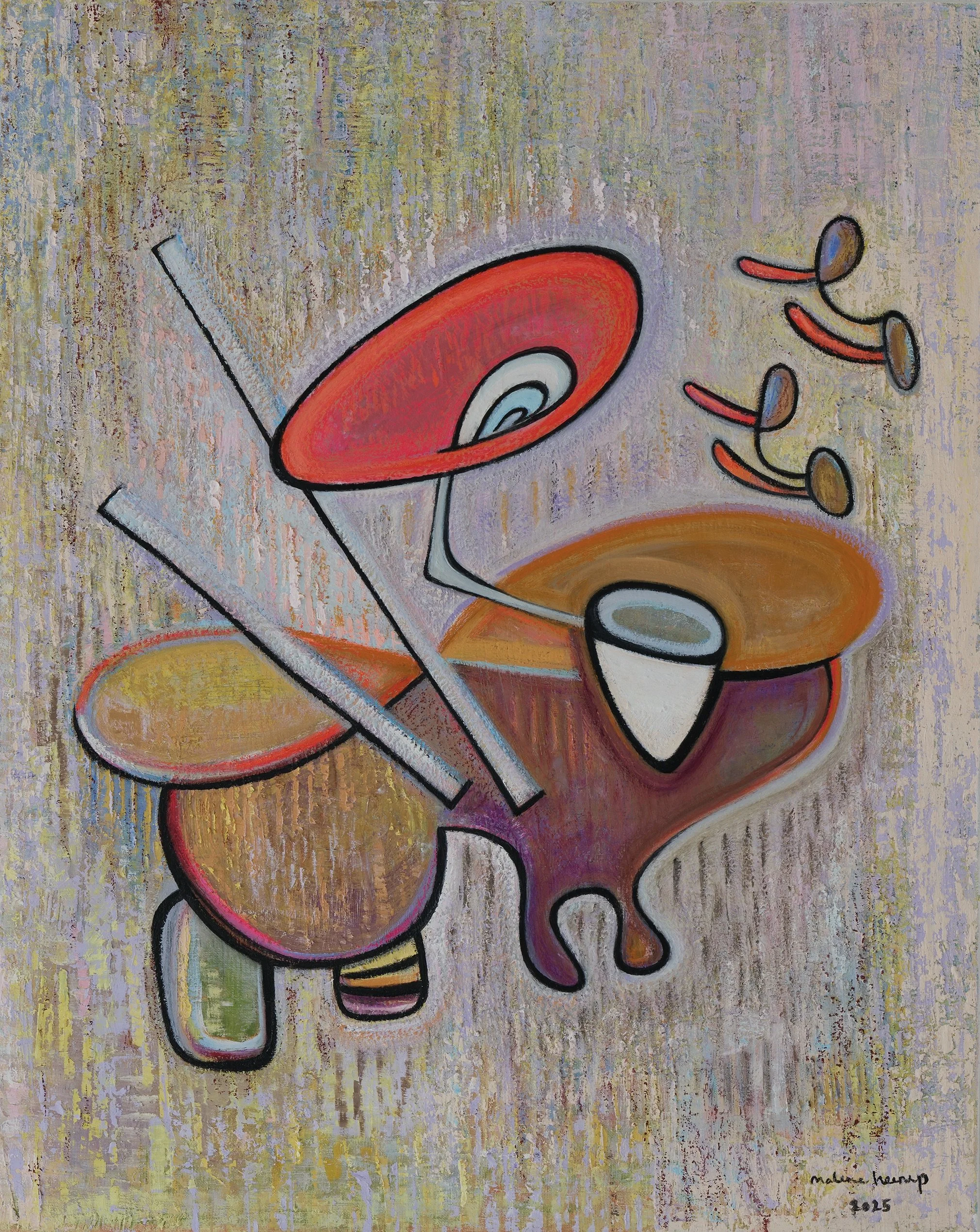 Abstract colorful painting featuring a steaming cup, a large saucer, a spoon, and abstract representing floating objects against a textured background.