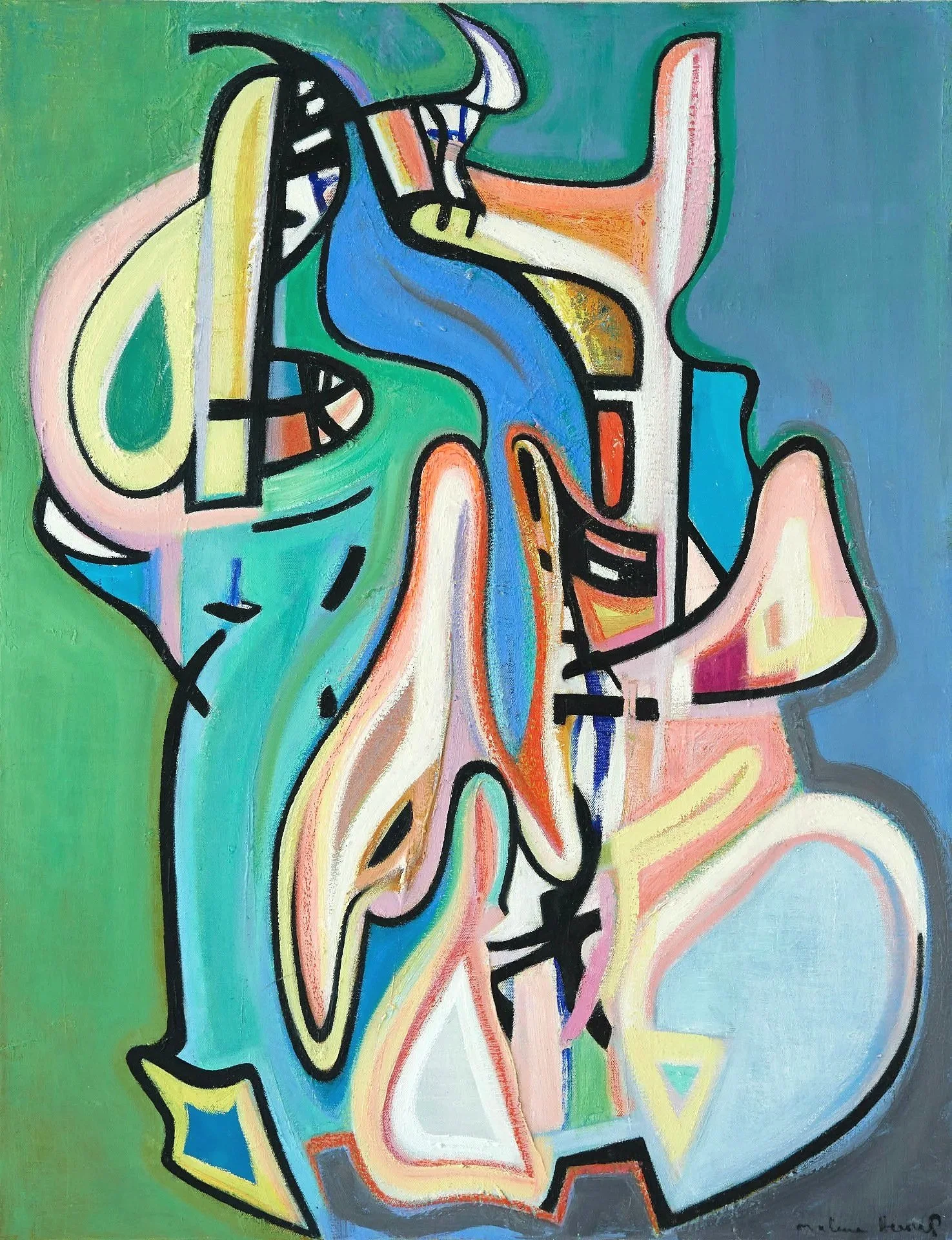 An abstract painting with bold black outlines and vibrant colors, including blue, yellow, pink, green, and orange, creating a complex, flowing composition.