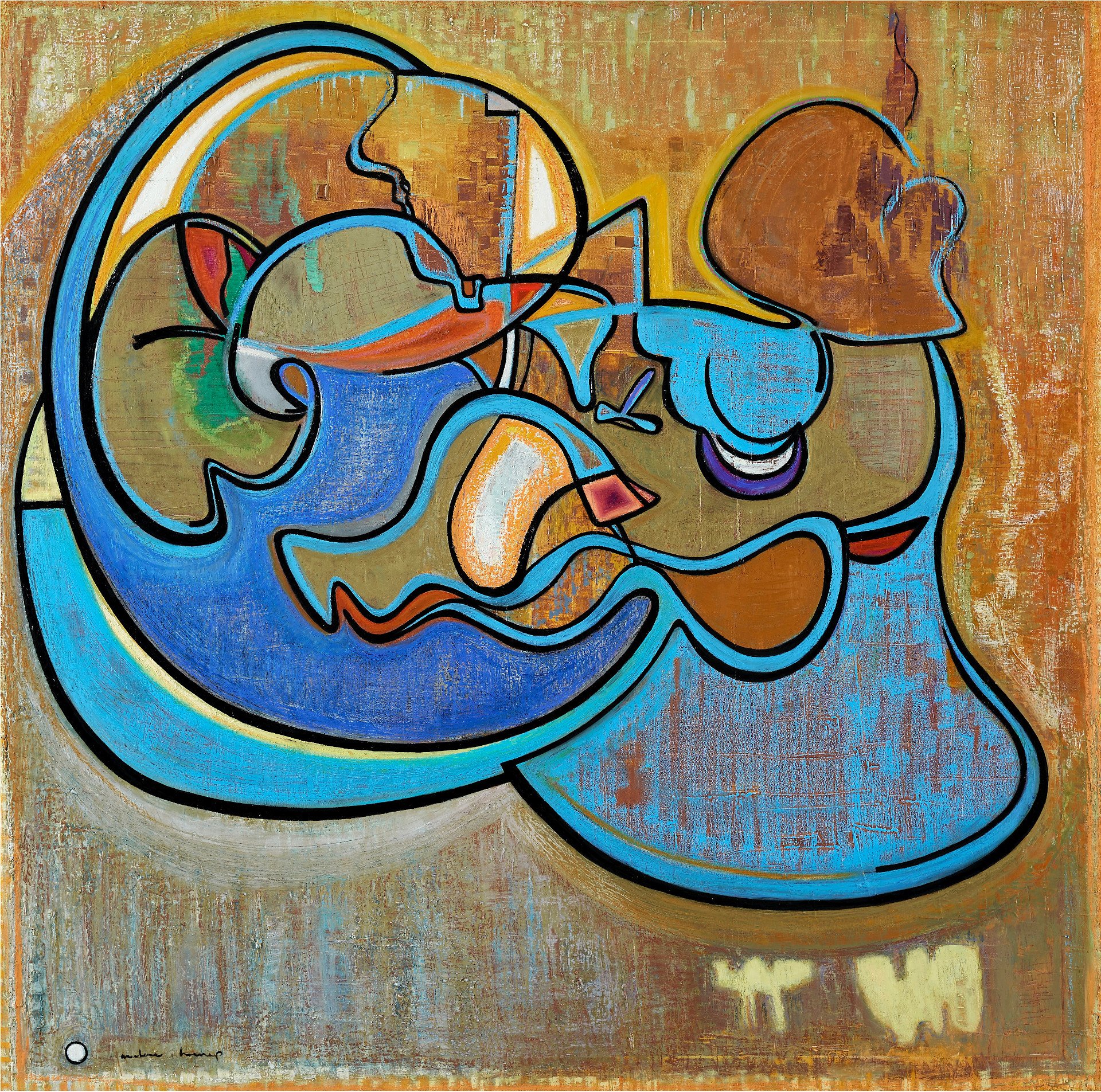 Abstract painting with bold black lines outlining shapes resembling a face, a human profile, a fish, and various organic forms in shades of blue, brown, orange, and green, with a textured background.