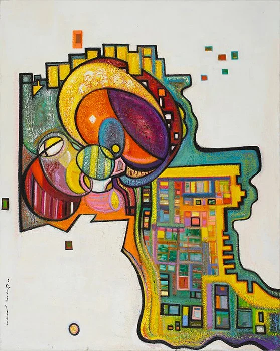 Abstract colorful geometric painting resembling a human head in profile with intricate patterns and shapes.