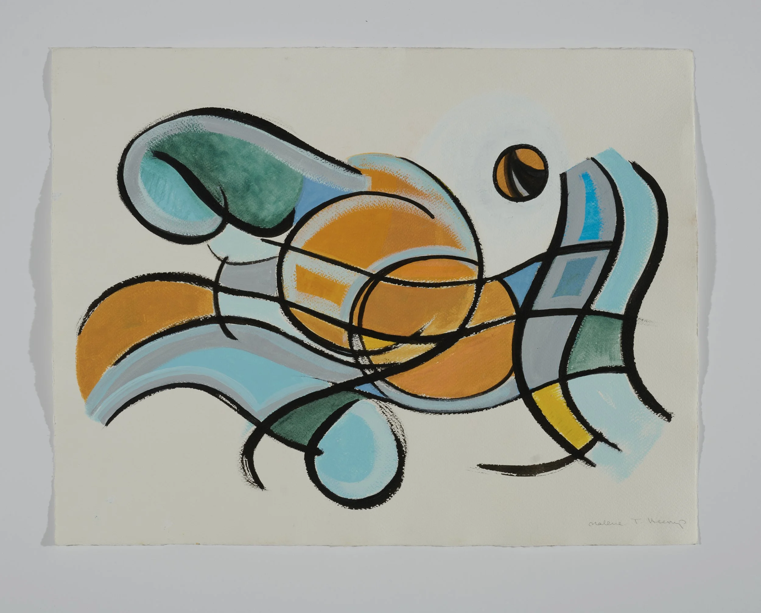 Abstract painting with swirling black lines, orange, yellow, green, and blue shapes on a cream background.