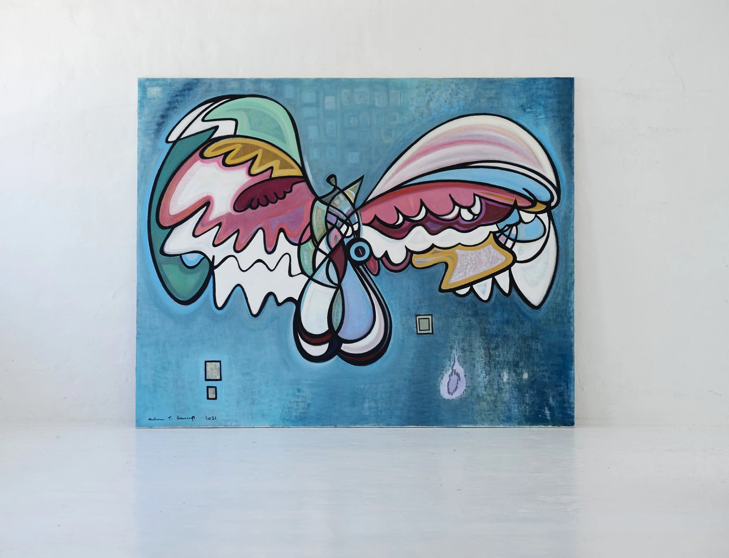 Abstract colorful art painting on canvas featuring a butterfly with vibrant hues of teal, pink, purple, white, yellow, and black, set against a textured blue background.