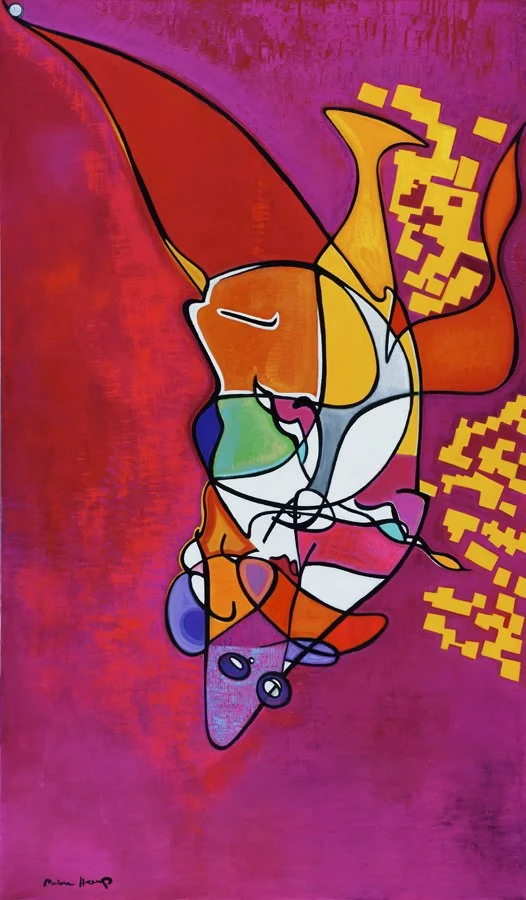 Abstract colorful artwork with geometric shapes and swirling lines on a vibrant purple and pink background.