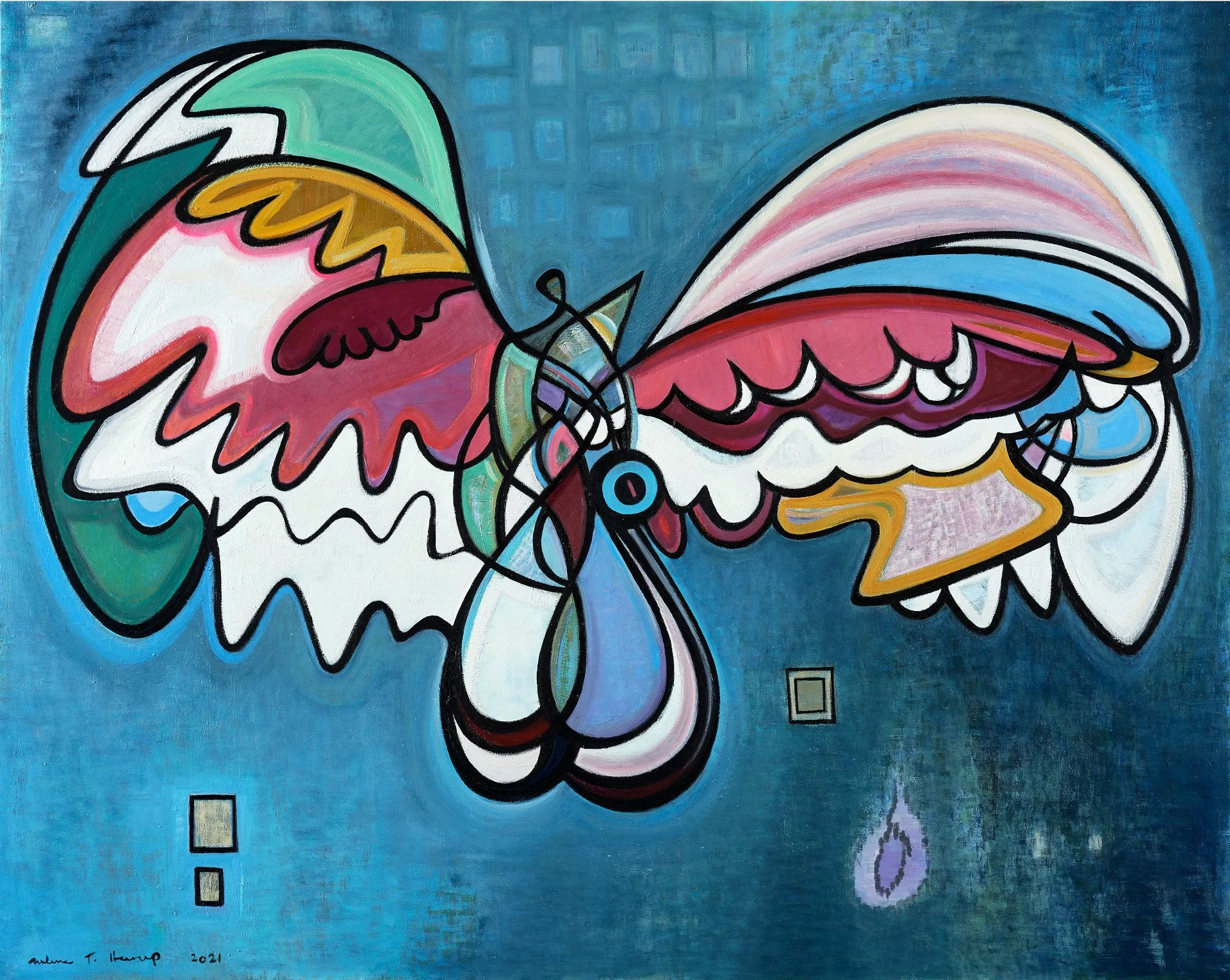 An abstract painting of a butterfly with vibrant colors and bold black outlines on a textured blue background.