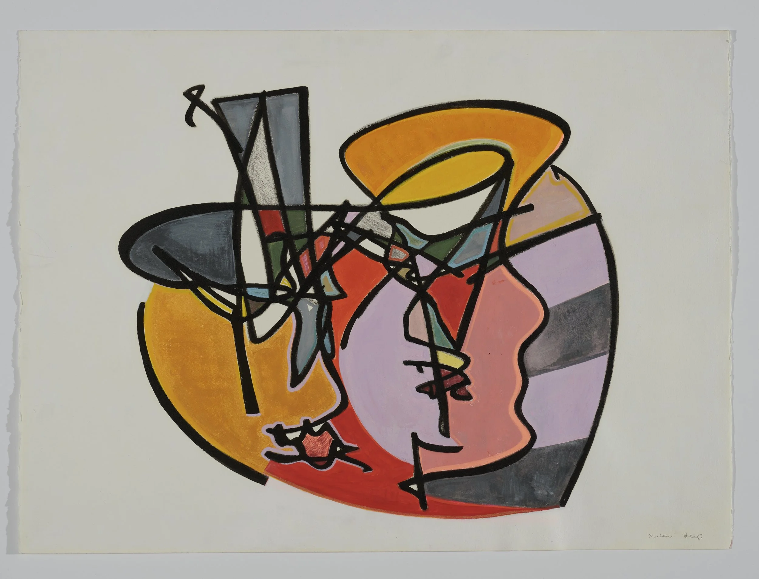 Abstract colorful painting with bold black lines, featuring shapes and colors such as yellow, orange, pink, purple, gray, and red.