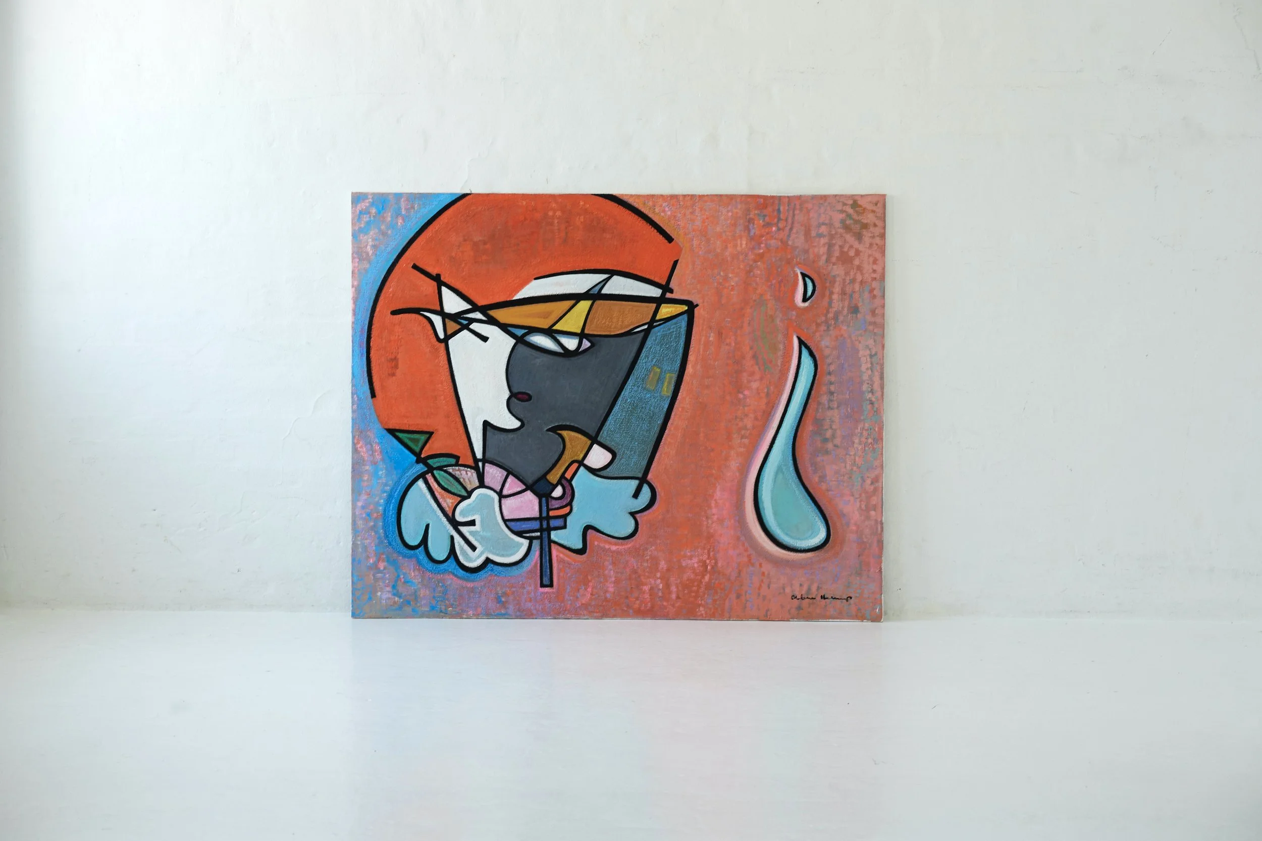 Abstract colorful painting of a stylized face with a large orange halo-like shape behind it, on a textured pink background, featuring geometric shapes and bold black outlines.