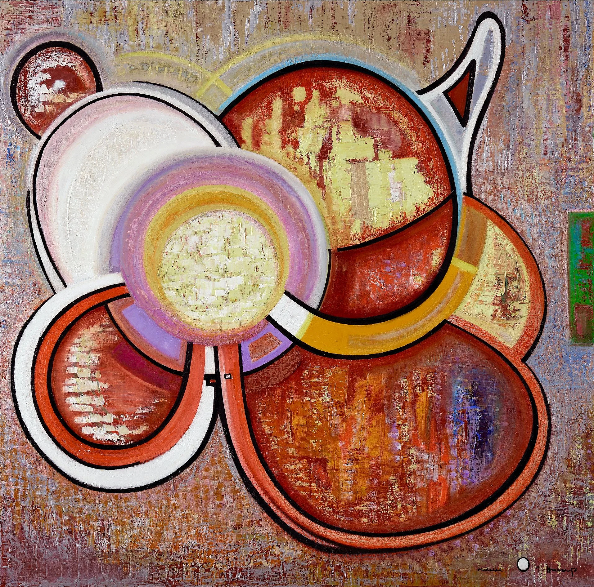 Abstract painting with overlapping circles in shades of red, orange, yellow, purple, and white, outlined in black, on a textured background.