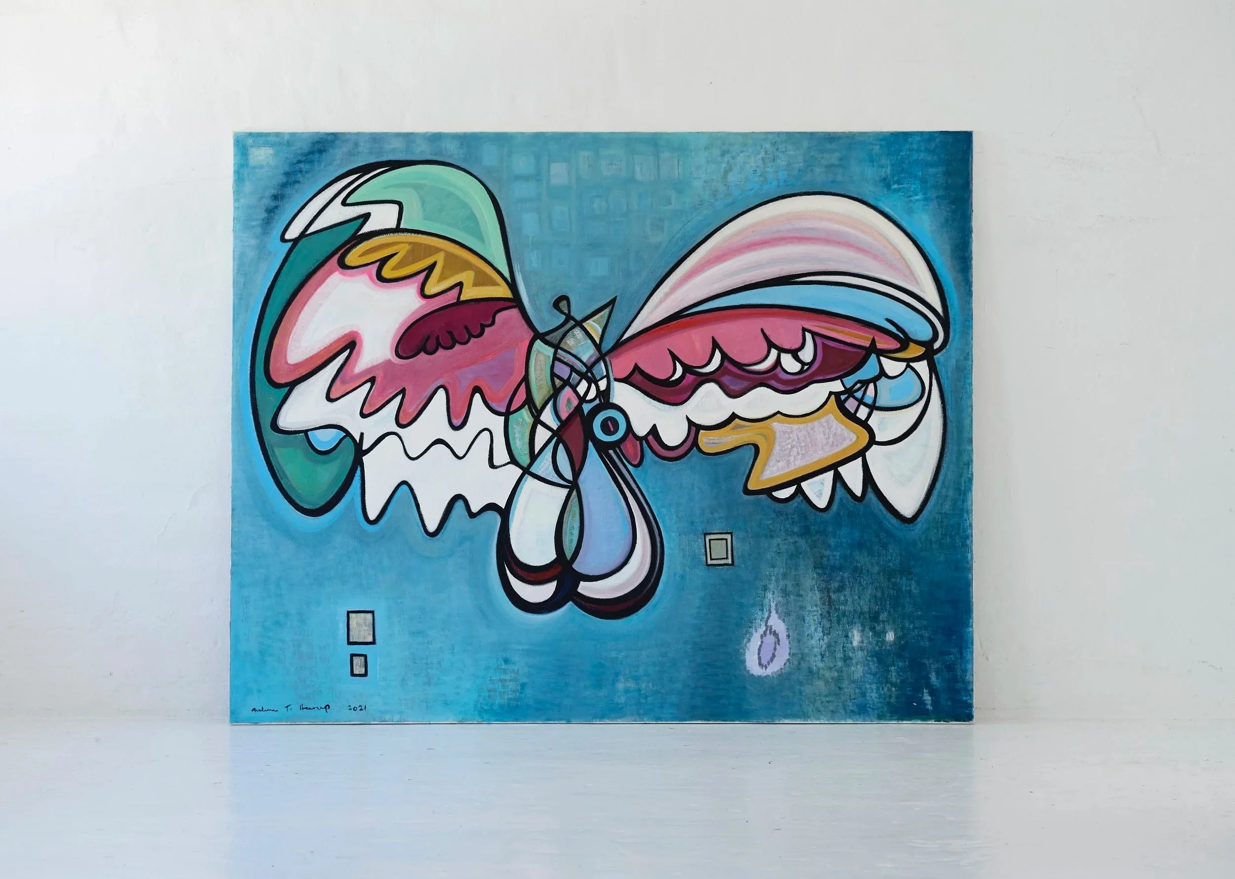 Colorful abstract painting of a butterfly with wings in shades of pink, white, yellow, blue, and green, set against a blue background.