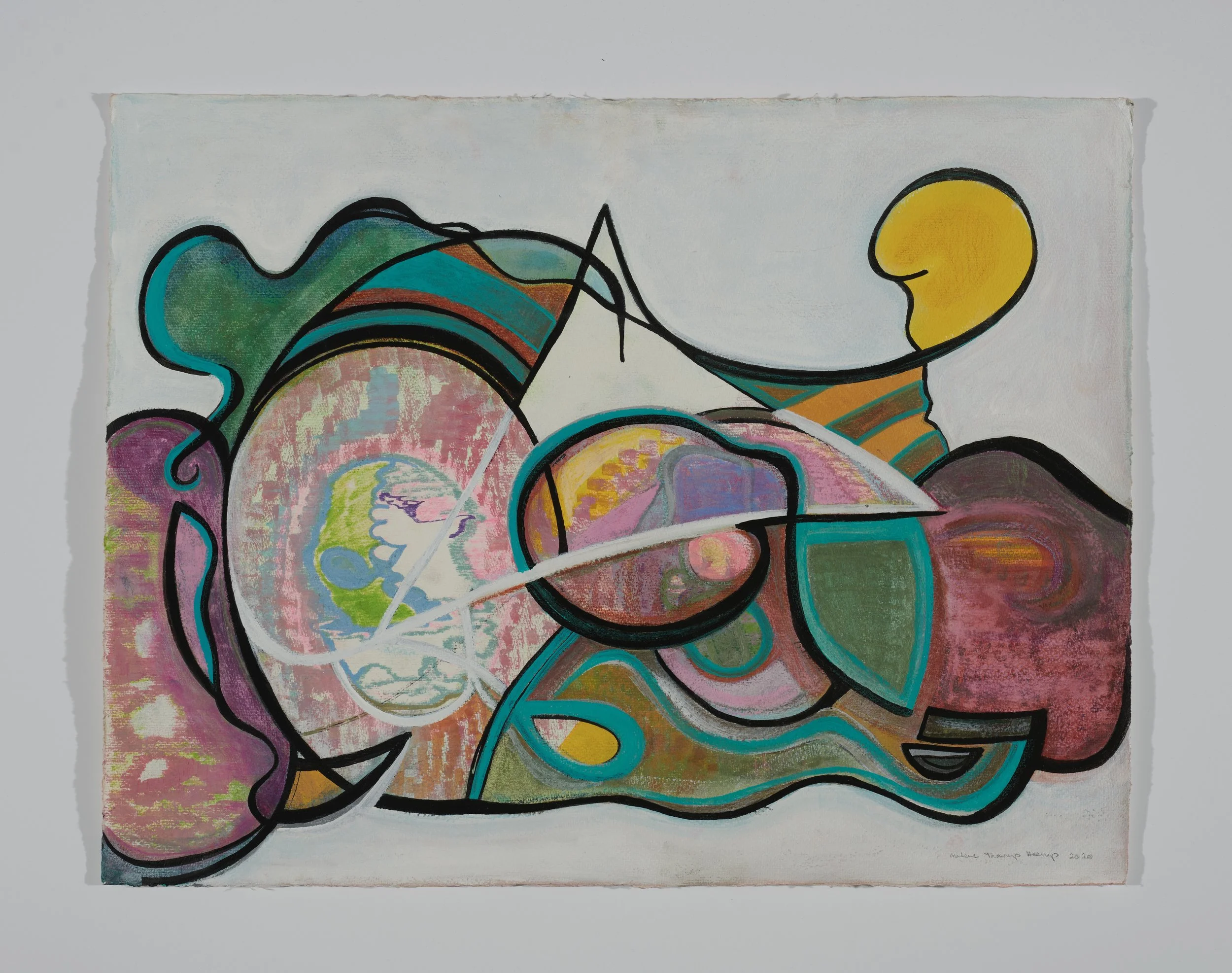 Abstract colorful painting with organic and geometric shapes, bold black outlines, and a mix of pastel and vibrant hues.