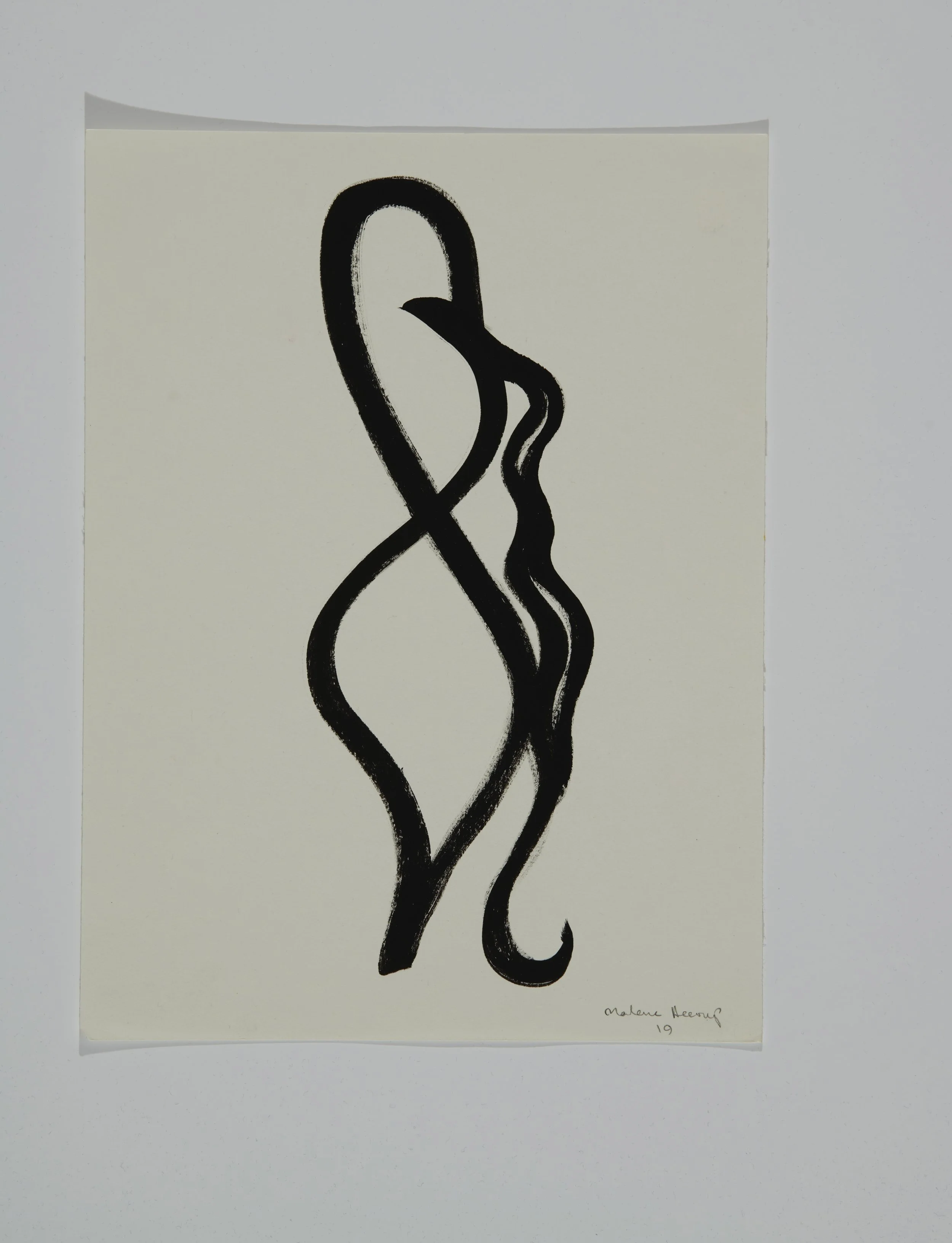 A black abstract line drawing on a light yellow background with a small handwritten signature and date at the bottom right.