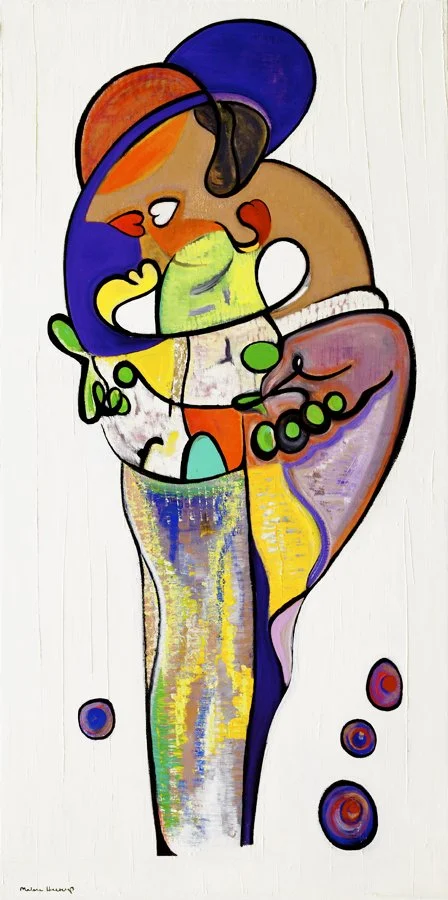 An abstract painting featuring a colorful, stylized figure with a large orange and blue head, green necklace, and various vibrant shapes and lines, set against a white background.