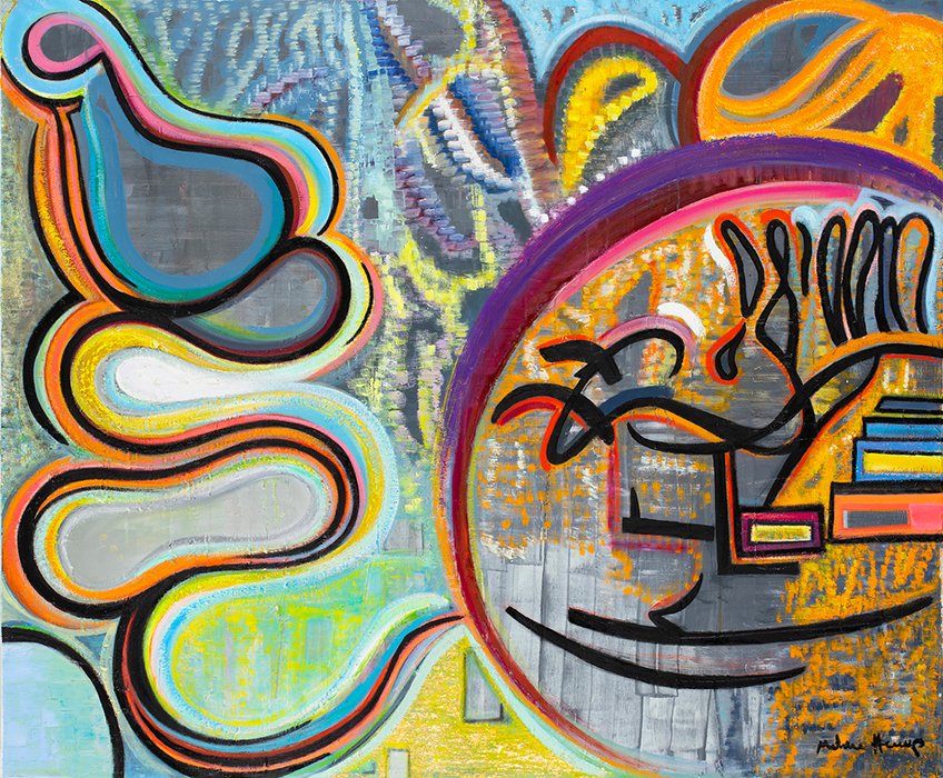 Abstract colorful graffiti artwork with a smiling face, vibrant swirling shapes, and geometric patterns.