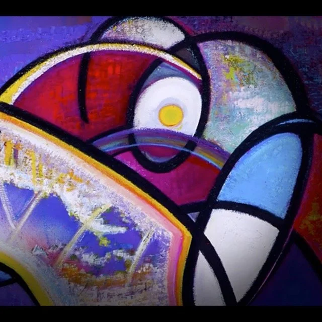 Abstract painting with bold black lines, colorful shapes, and a central yellow circle suggesting a stylized eye or face.