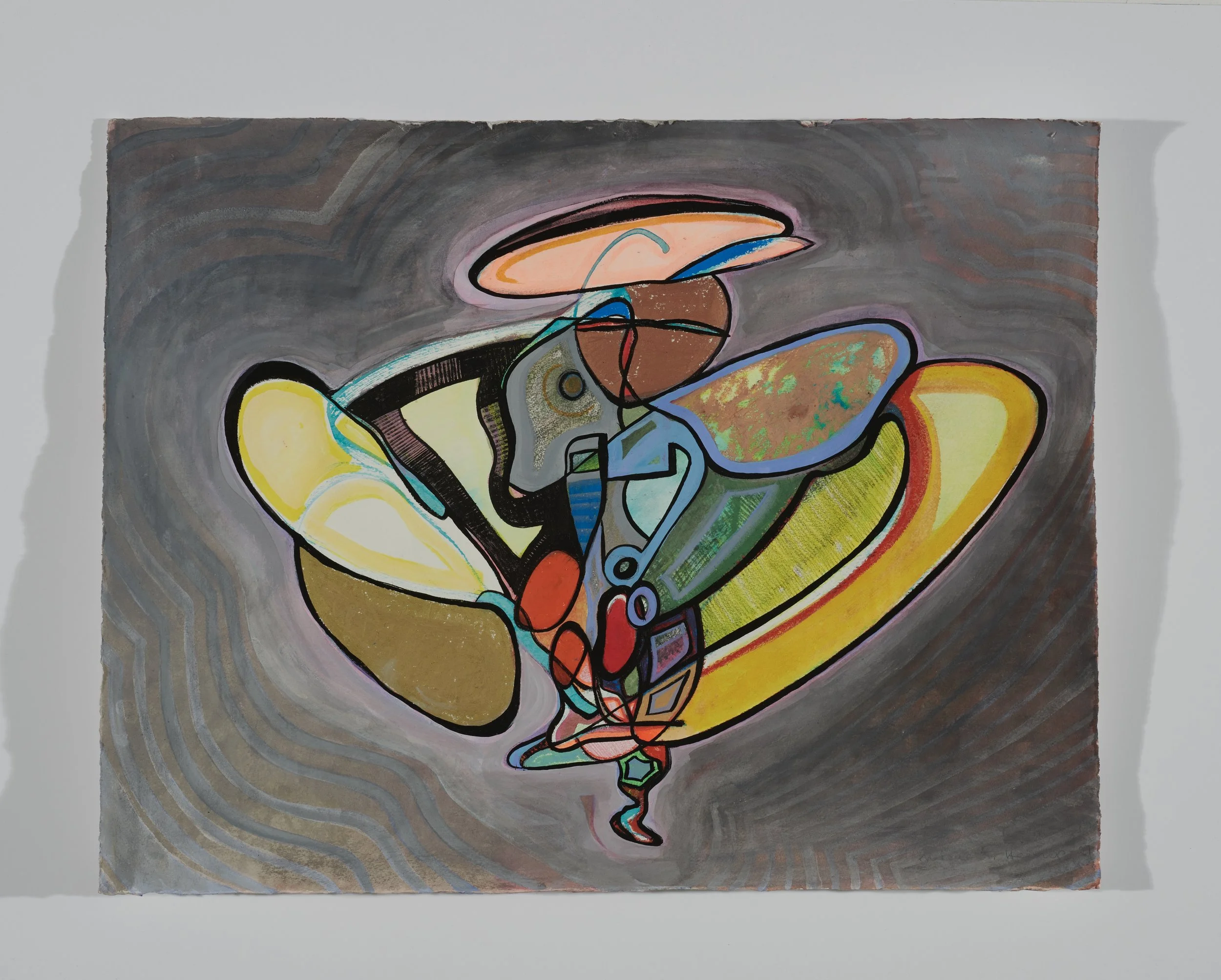 Abstract painting of a colorful butterfly on a dark gray background.