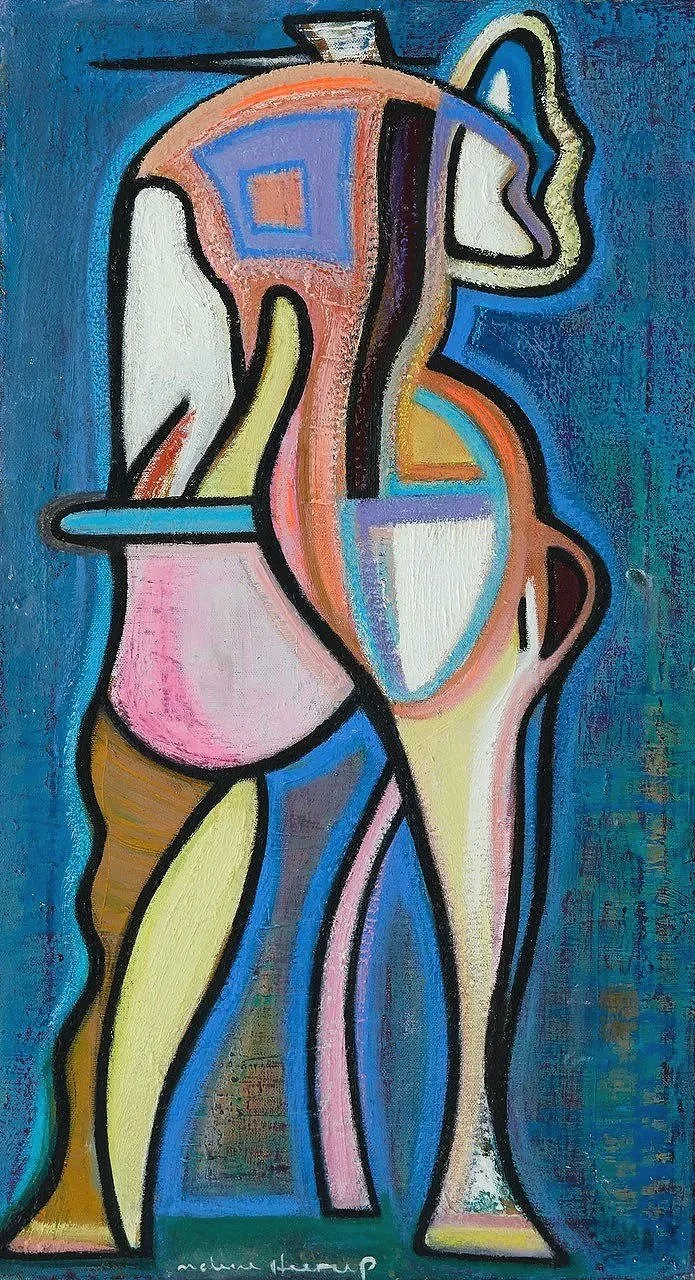 Abstract painting of two human figures in a cubist style using bold lines and bright colors.