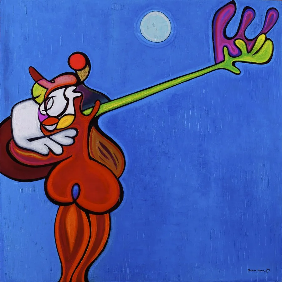 Colorful abstract painting of a muscular woman with animal features, standing under a full moon in a blue night sky, reaching out with a brightly colored, hand-shaped object.