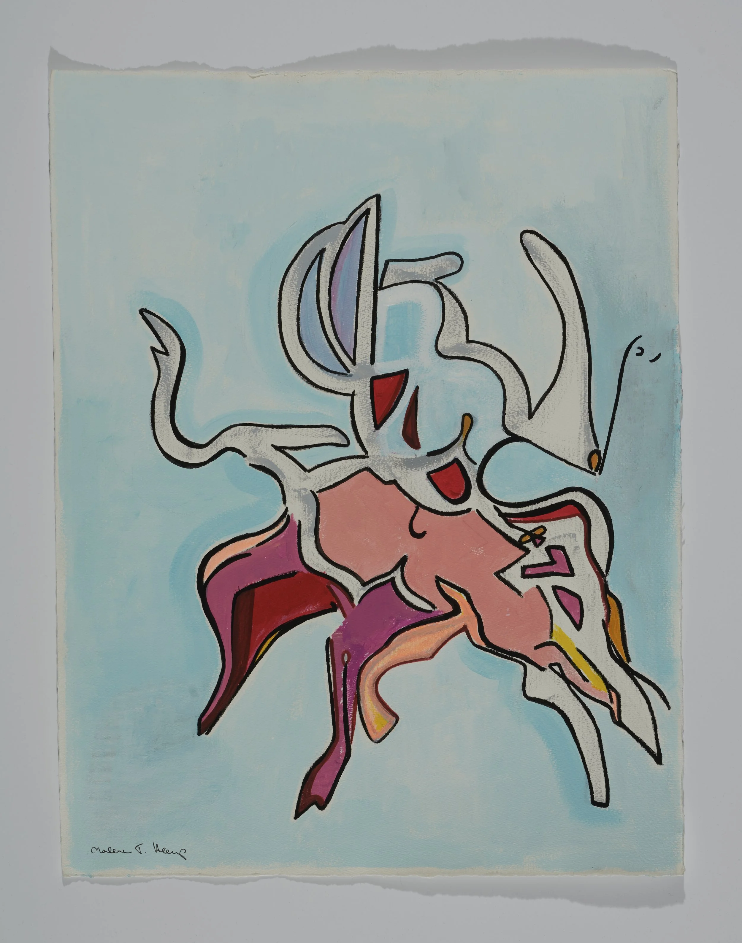 Abstract colorful painting with fluid, curving lines and sections in pinks, reds, purples, and yellows, set against a light blue background.