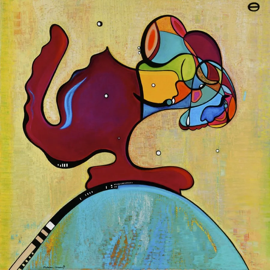Abstract painting with colorful shapes resembling a stylized animal face, set against a yellow background.