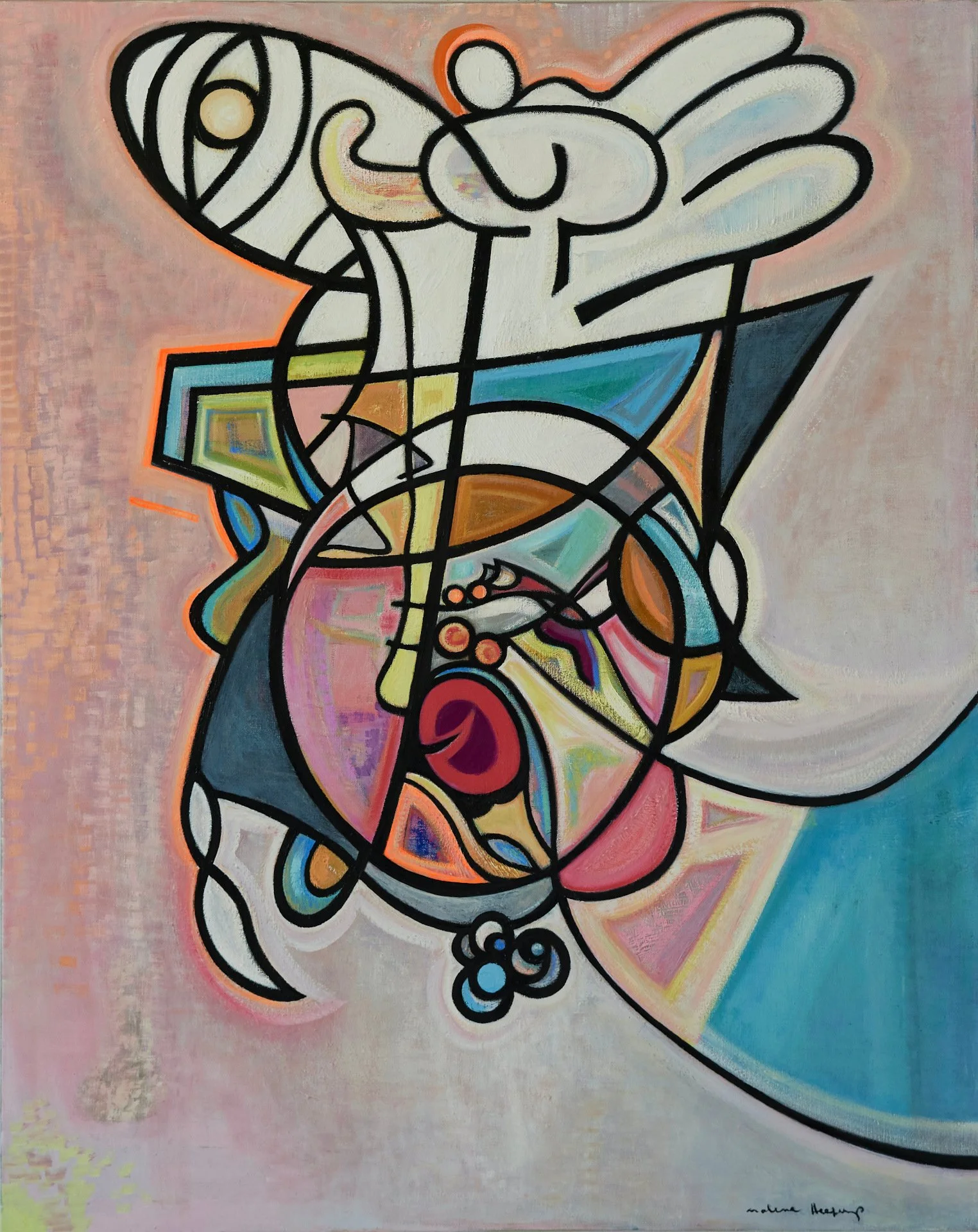 Abstract painting with bold black outlines and colorful geometric shapes, including white, pink, blue, yellow, green, and red segments, on a light pink and cream background.