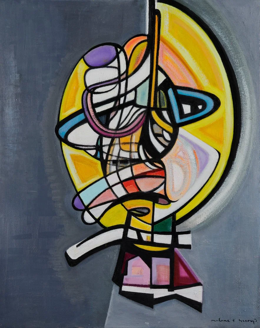 Abstract colorful painting with geometric shapes and bold black outlines, depicting a stylized, fragmented face on a gray background.