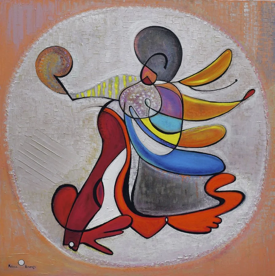 An abstract painting featuring a colorful, stylized figure with curved lines, vibrant colors, and a whimsical composition.