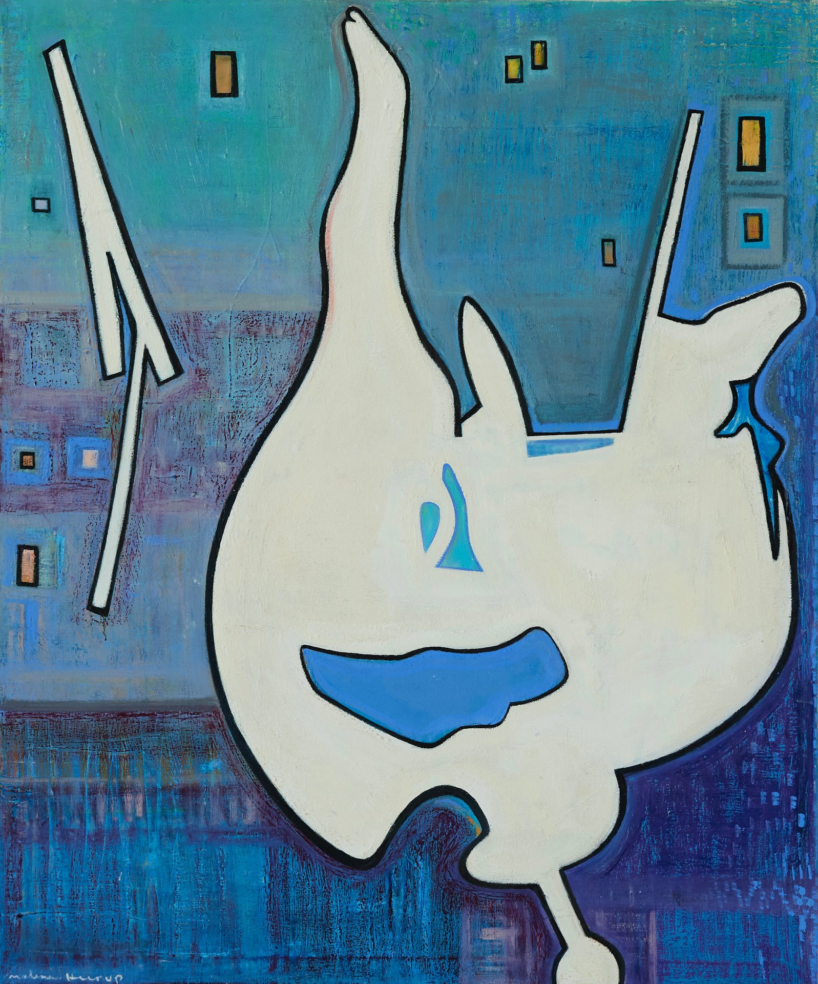 Abstract painting of a white face with blue features, surrounded by a predominantly blue background with small rectangular shapes.