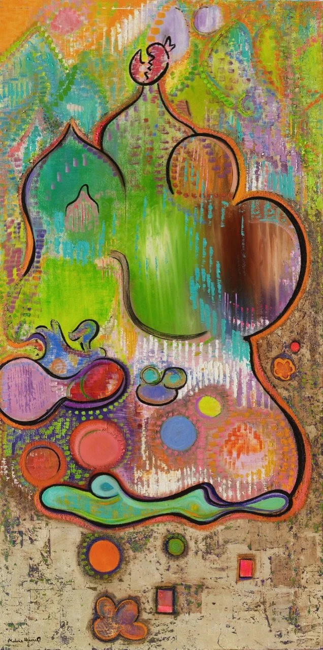 Abstract colorful painting with various shapes, lines, and circles in shades of green, pink, purple, orange, and blue.