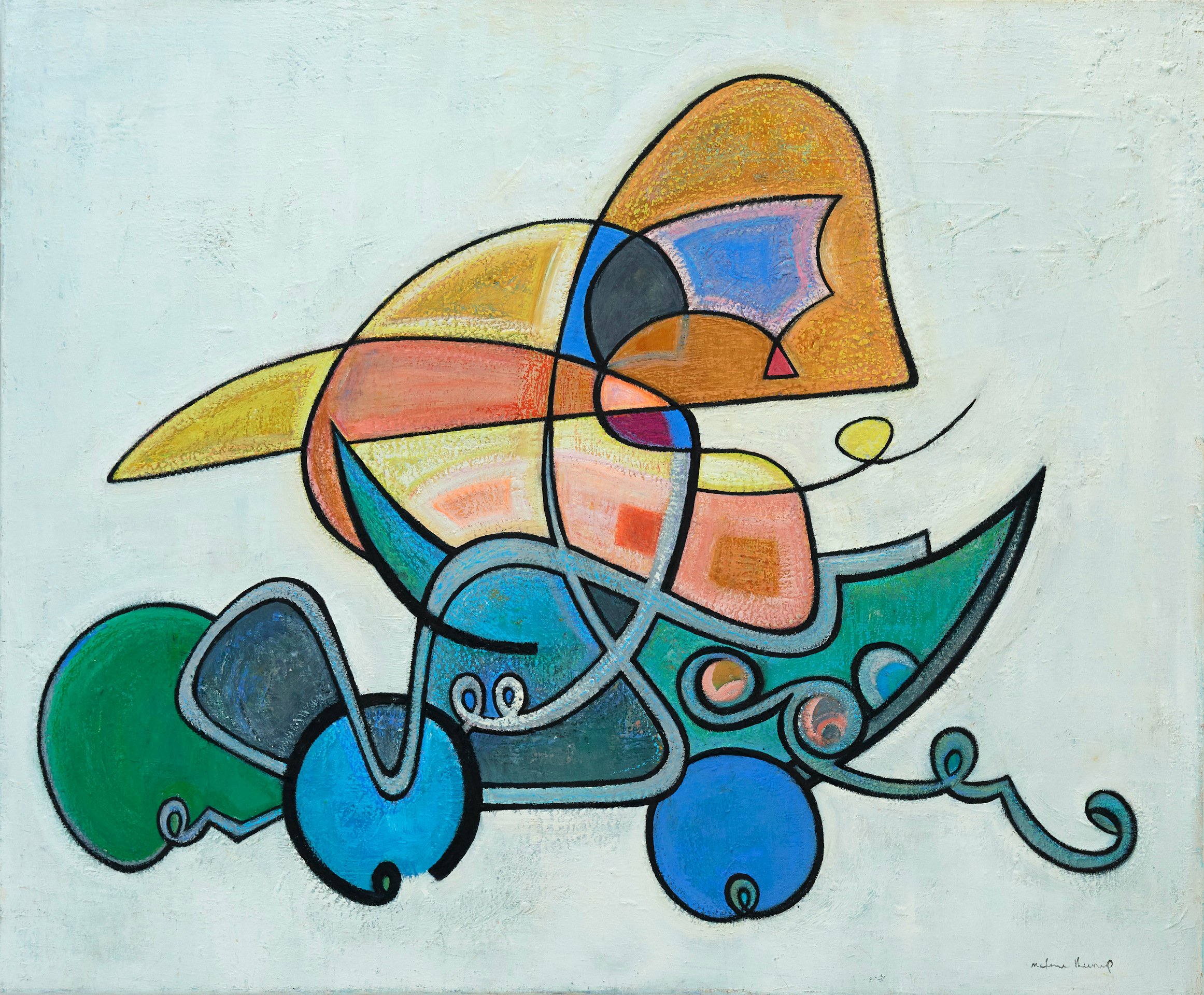 Abstract artwork with colorful shapes and black outlines on a light background.