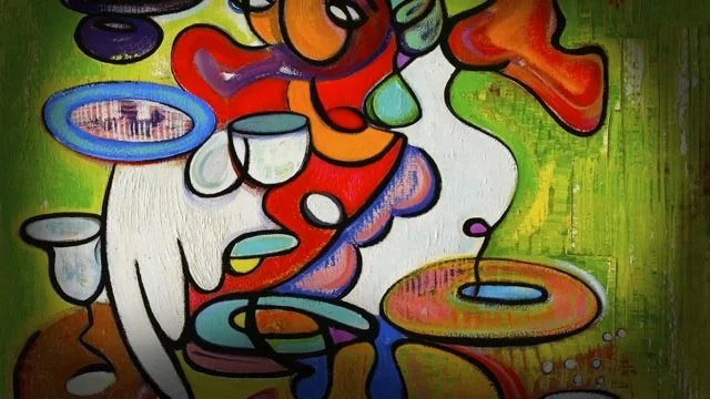 Abstract colorful mural with various shapes and colors, including cups and a teapot, on a green background.