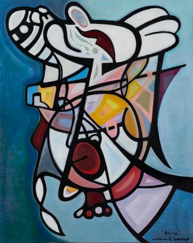 Abstract graffiti art featuring cartoon-like characters with bold black outlines, geometric shapes, and bright colors on a blue background.