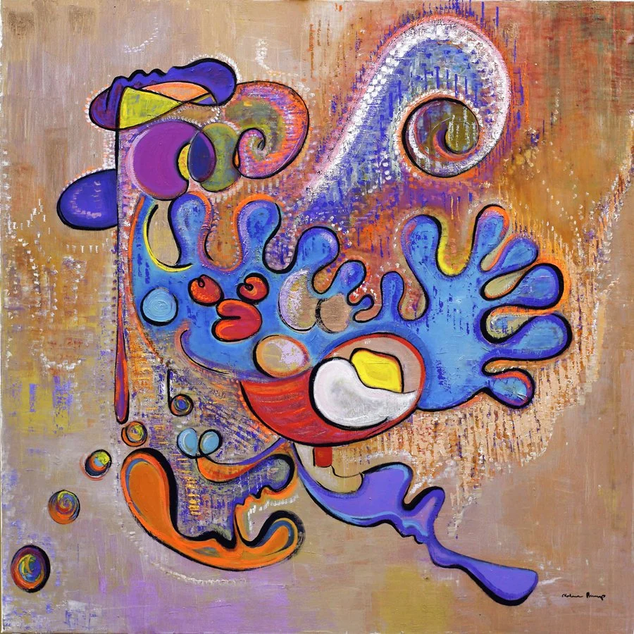 Abstract colorful painting with swirling shapes, bold outlines, and expressive brushstrokes on a beige background.