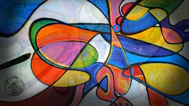 Abstract colorful painting with various shapes and bold black lines.