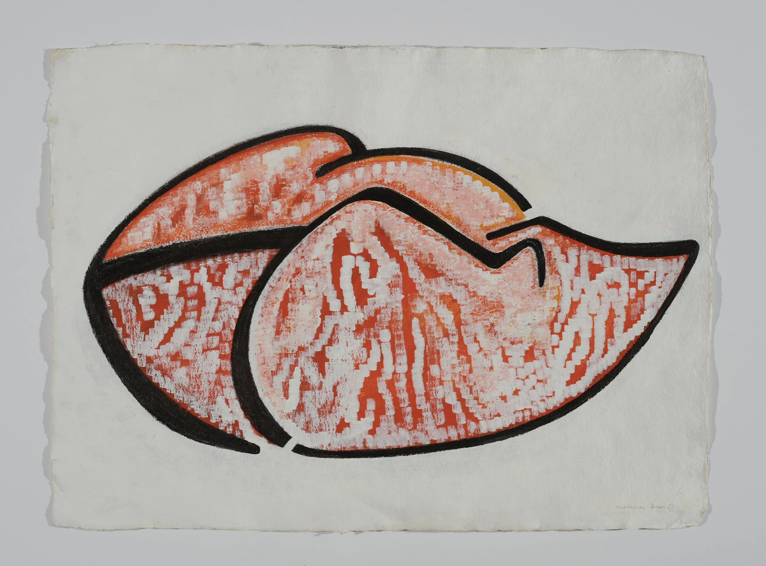 Abstract painting of three peach slices outlined in black with orange and red details on textured white paper.