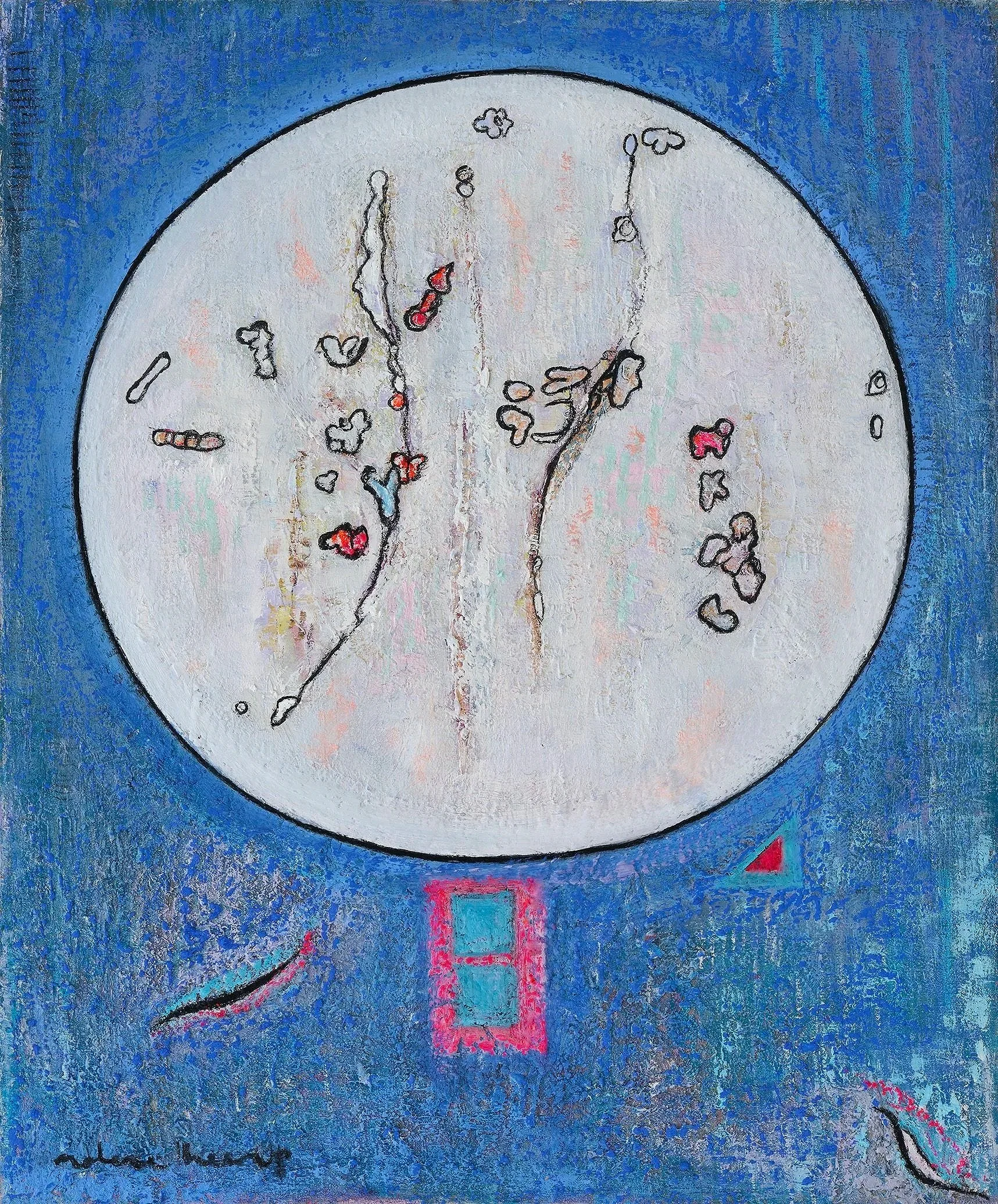 An abstract painting of a clock face with a blue textured background, black outline, and colorful accents, including a red rectangle and small red and pink shapes.
